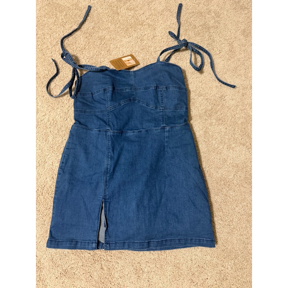 Utcoco Denim Romper Dress Medium Wash Tie Strap Front Slit Skort Size M NEW
